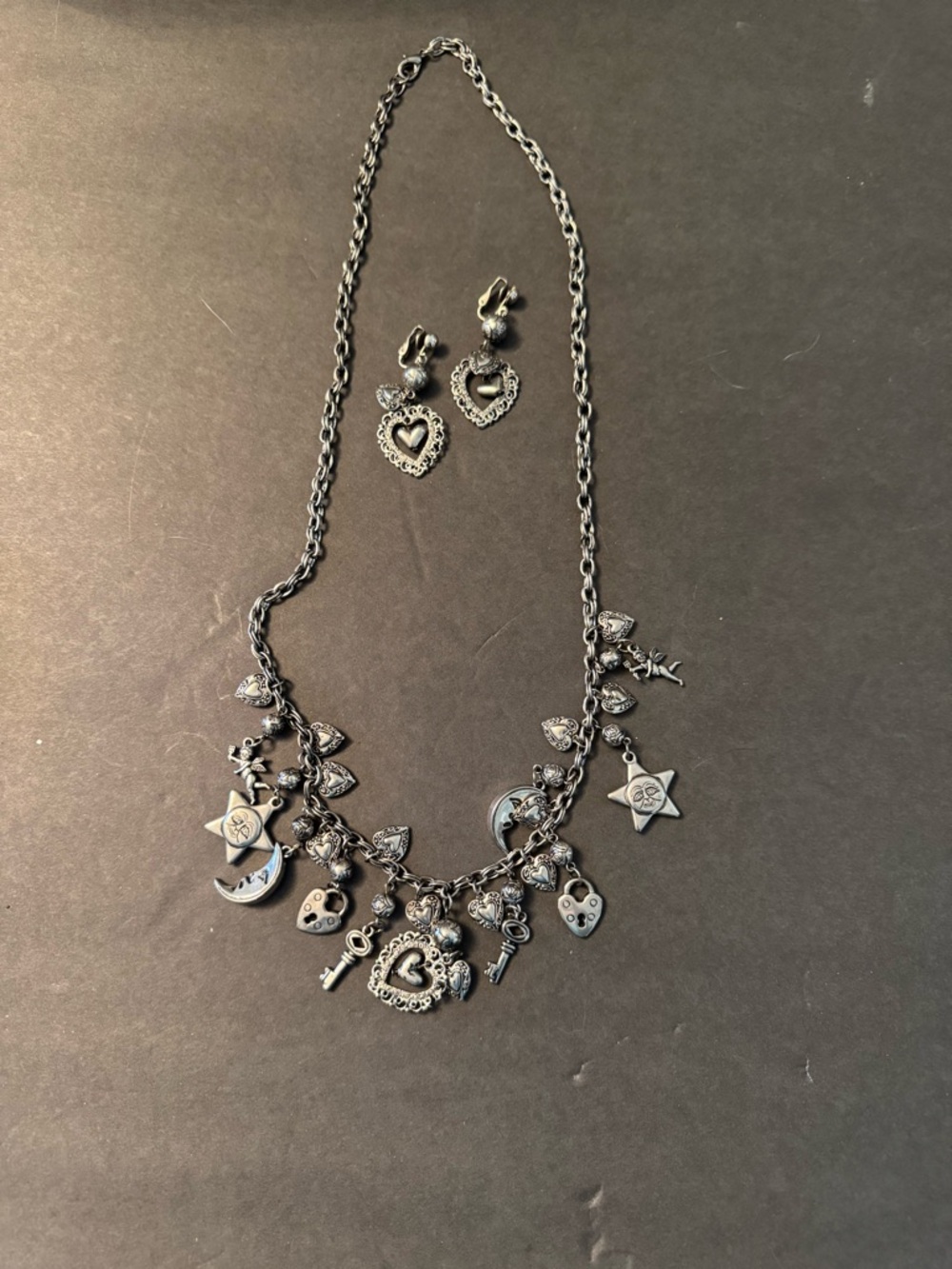 Silver-Tone Heart Charm Necklace and Earring Set vintage